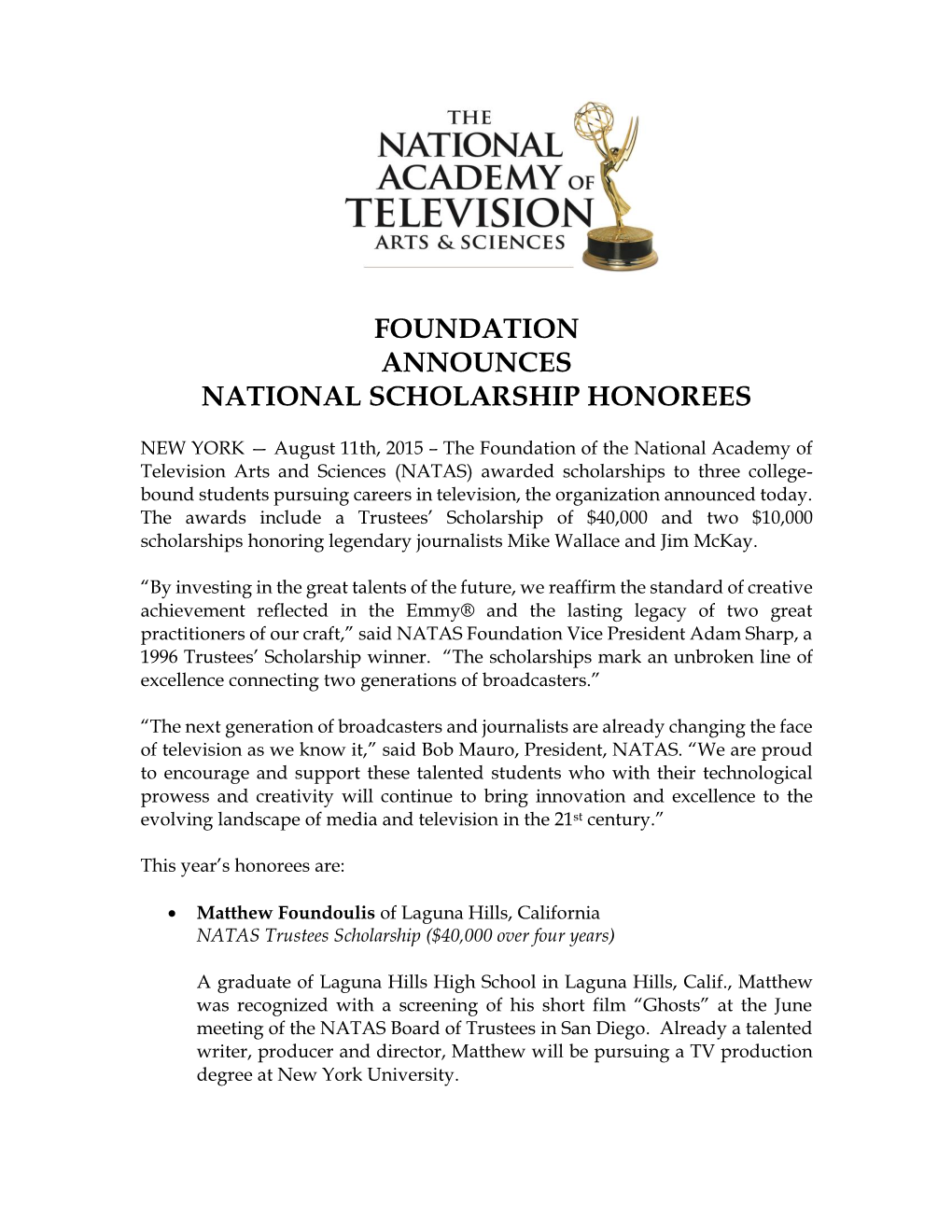 Foundation Announces National Scholarship Honorees