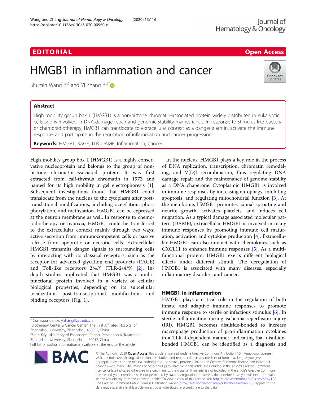 HMGB1 in Inflammation and Cancer Shumin Wang1,2,3 and Yi Zhang1,2,3*
