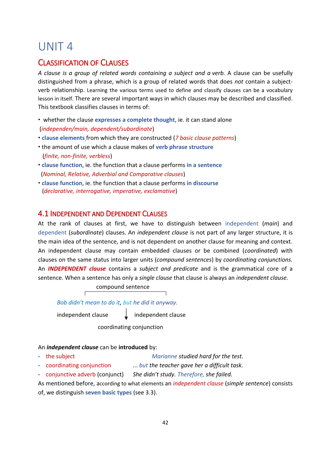 UNIT 4 CLASSIFICATION of CLAUSES a Clause Is a Group of Related Words Containing a Subject and a Verb