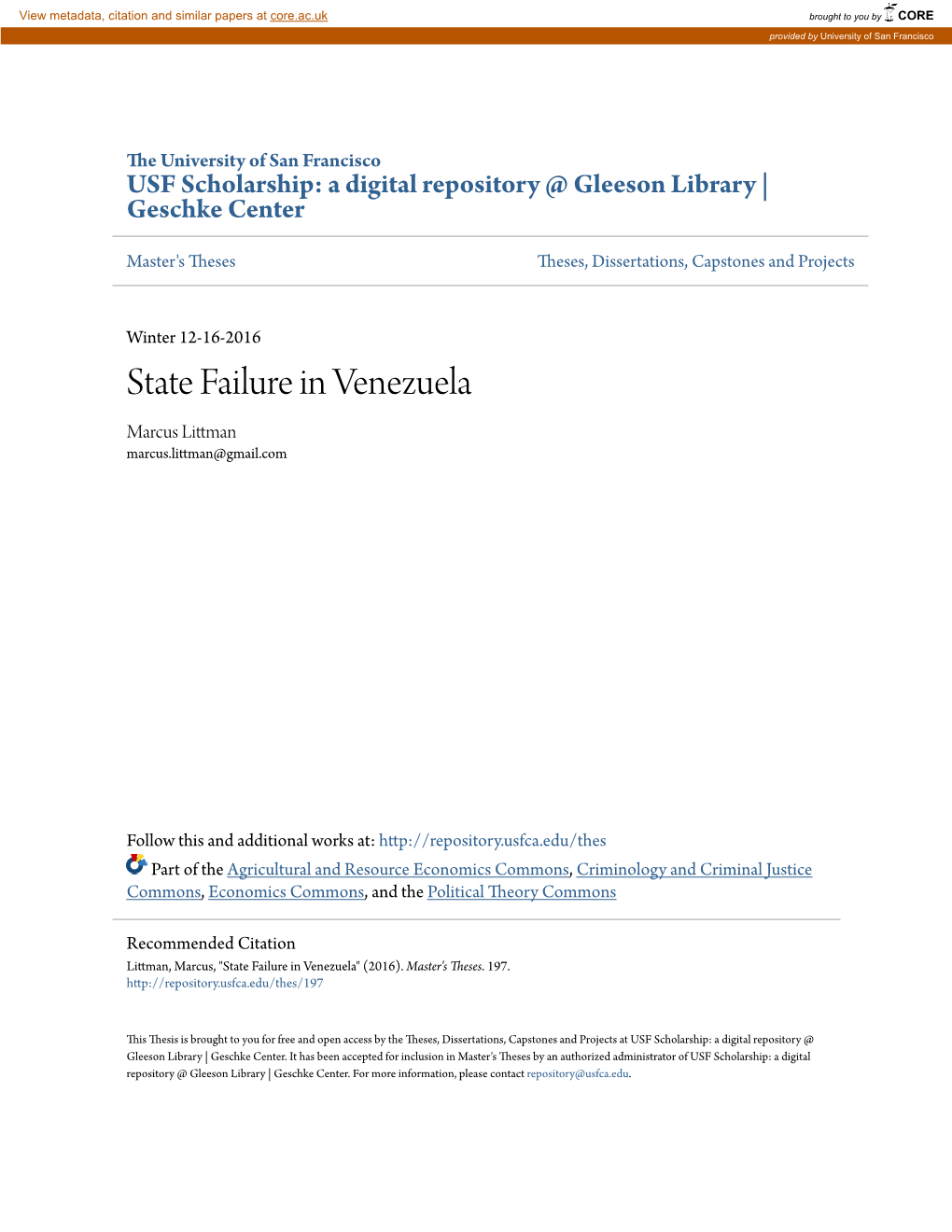 State Failure in Venezuela Marcus Littman Marcus.Littman@Gmail.Com