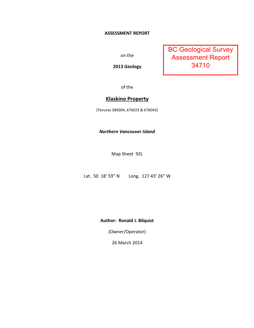 BC Geological Survey Assessment Report 34710