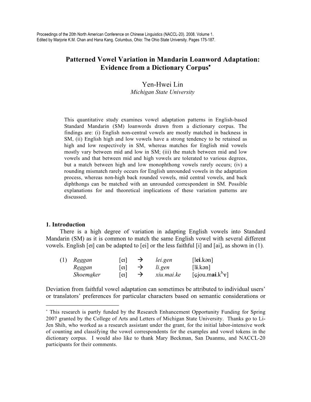 Patterned Vowel Variation in Mandarin Loanword Adaptation: Evidence from a Dictionary Corpus