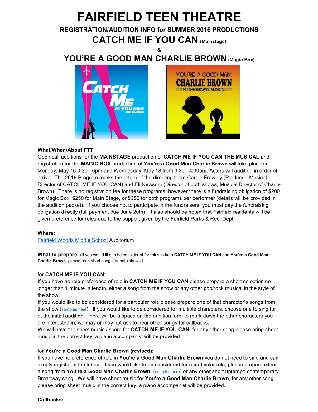 FAIRFIELD TEEN THEATRE REGISTRATION/AUDITION INFO for SUMMER 2016 PRODUCTIONS CATCH ME IF YOU CAN (Mainstage) & YOU’RE a GOOD MAN CHARLIE BROWN (Magic Box)