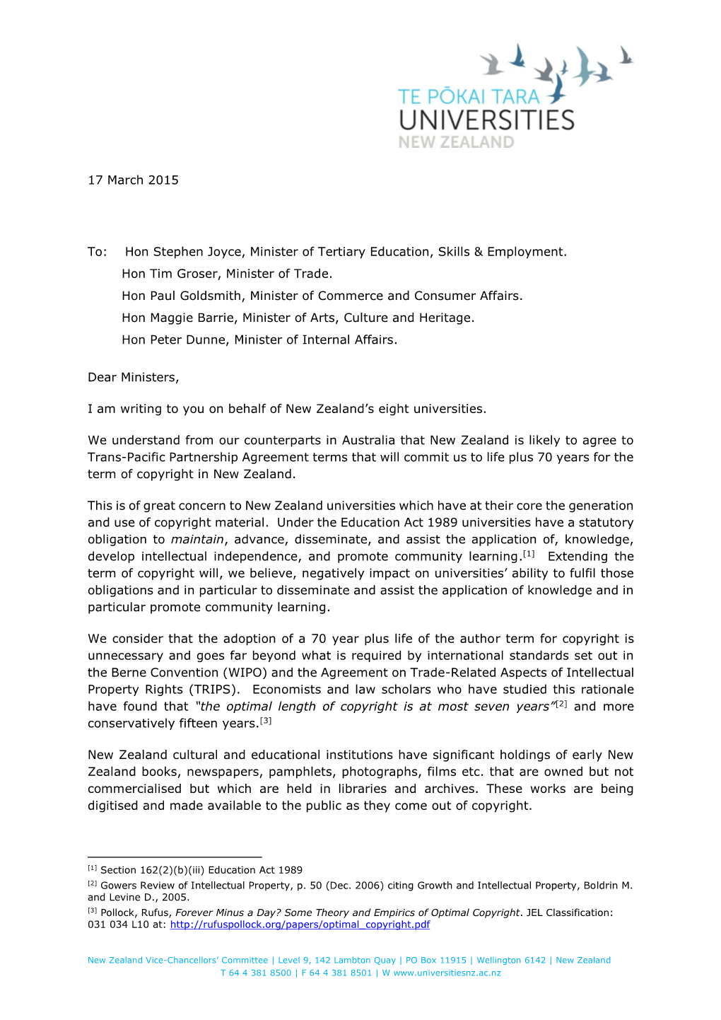 17 March 2015 To: Hon Stephen Joyce, Minister of Tertiary