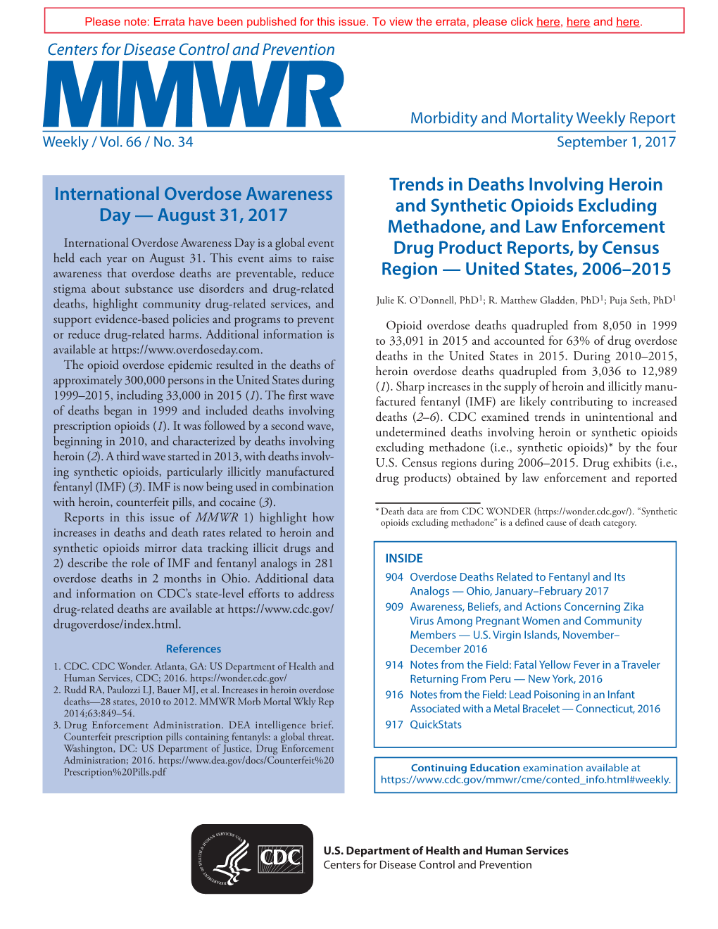 Morbidity and Mortality Weekly Report, Volume 66, Issue Number 34