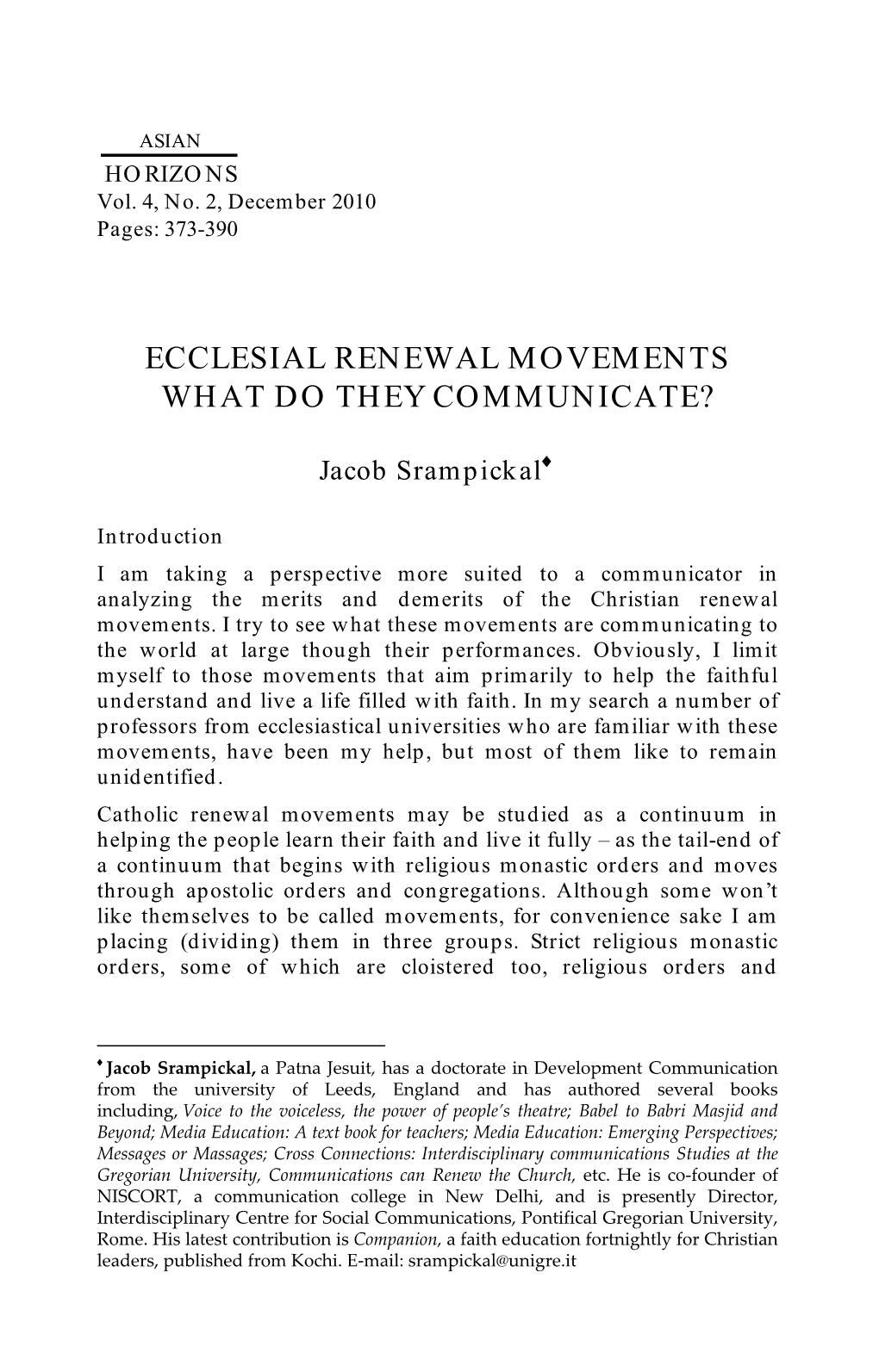 Ecclesial Renewal Movements What Do They Communicate?
