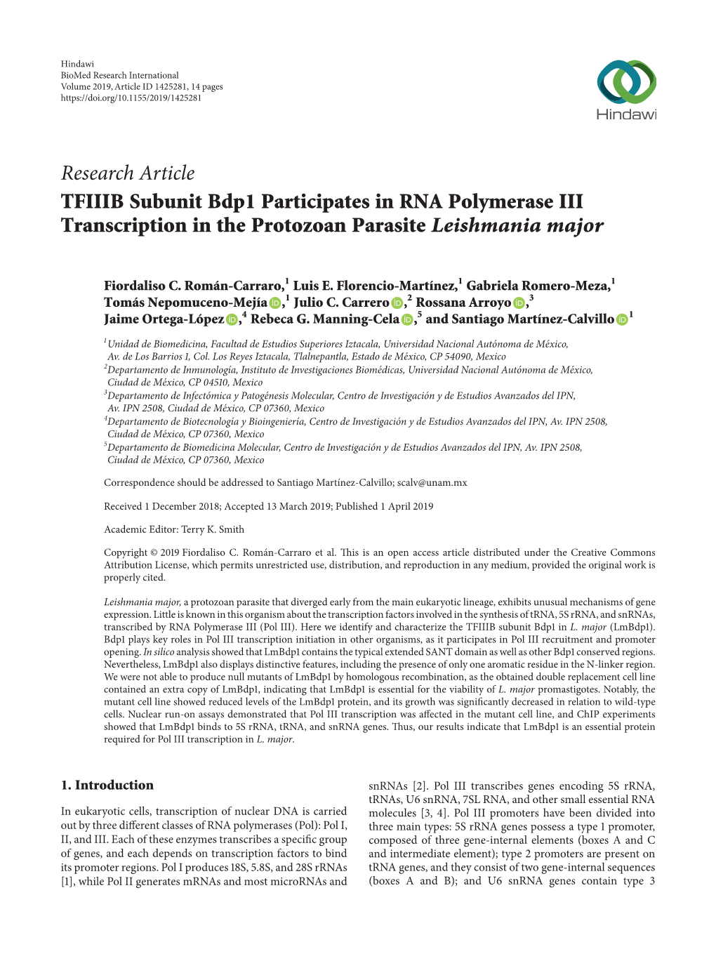 TFIIIB Subunit Bdp1 Participates in RNA Polymerase III Transcription in the Protozoan Parasite Leishmania Major