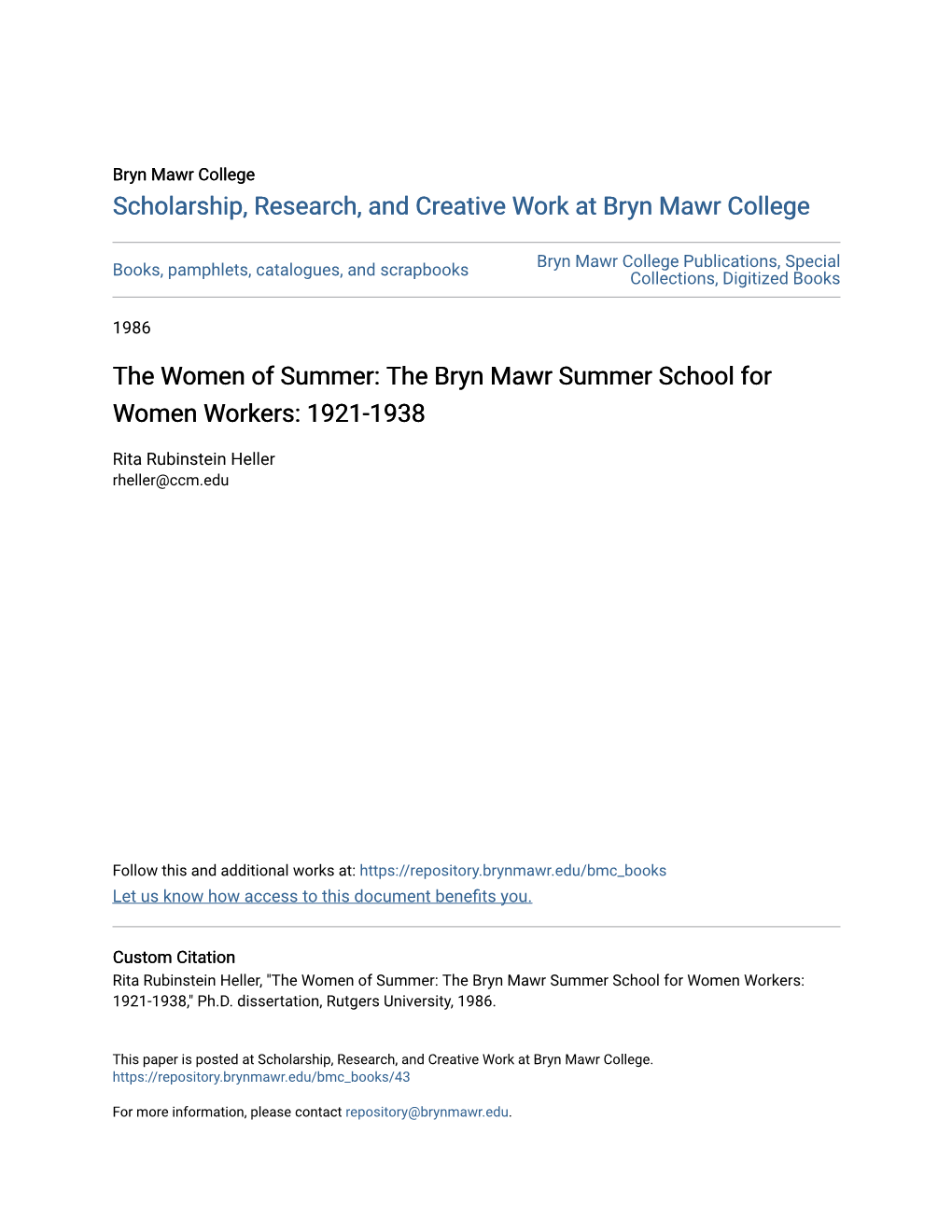 The Bryn Mawr Summer School for Women Workers: 1921-1938