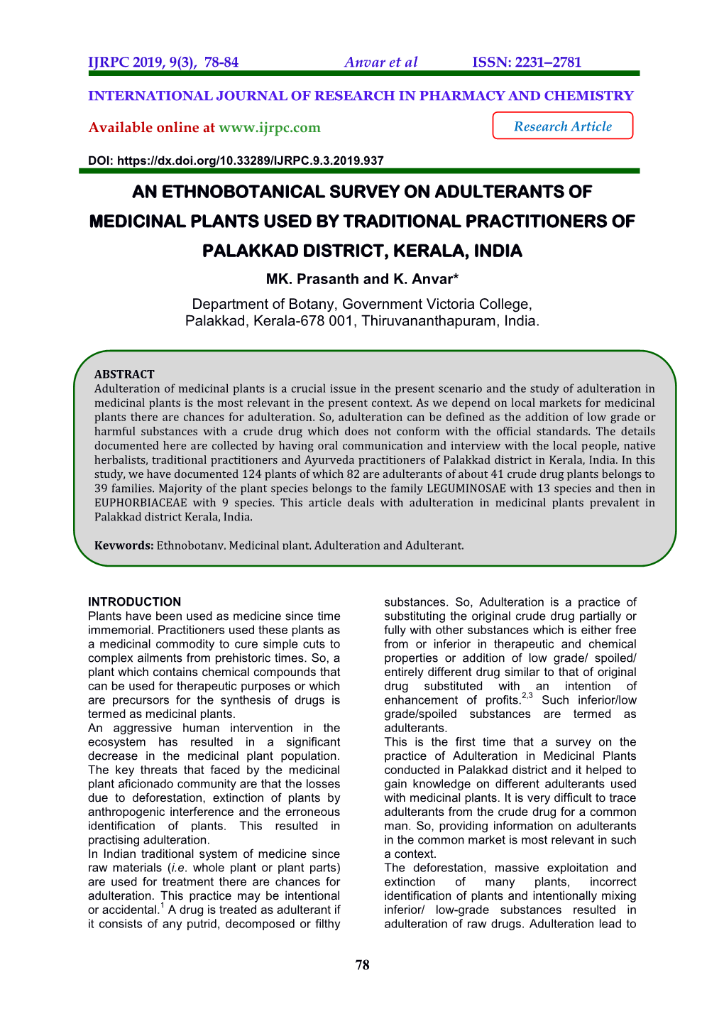 An Ethnobotanical Survey on Adulterants of Medicinal Plants Used by Traditional Practitioners of Palakkad District, Kerala, India Mk