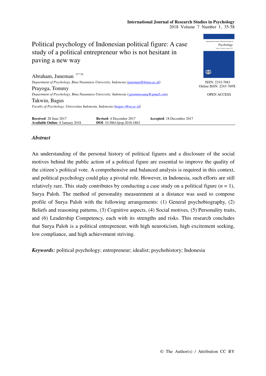 Political Psychology of Indonesian Political Figure: a Case Study of a Political Entrepreneur Who Is Not Hesitant in Paving a New Way