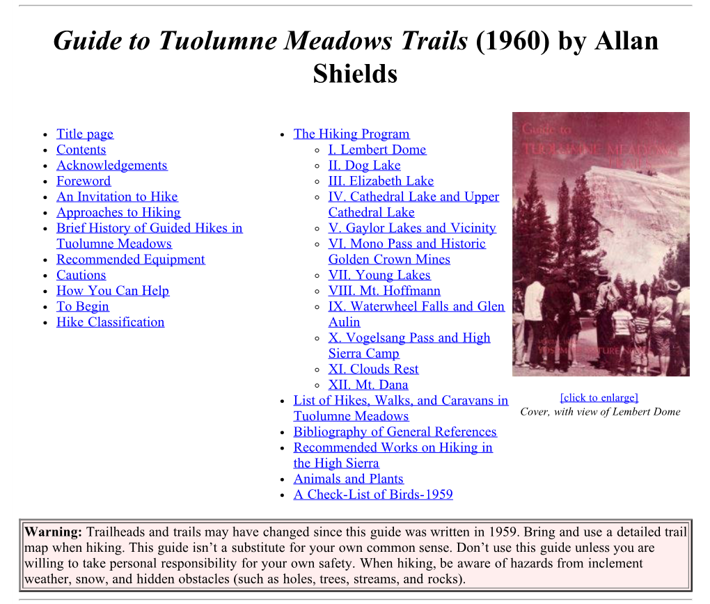 Guide to Tuolumne Meadows Trails (1960) by Allan Shields