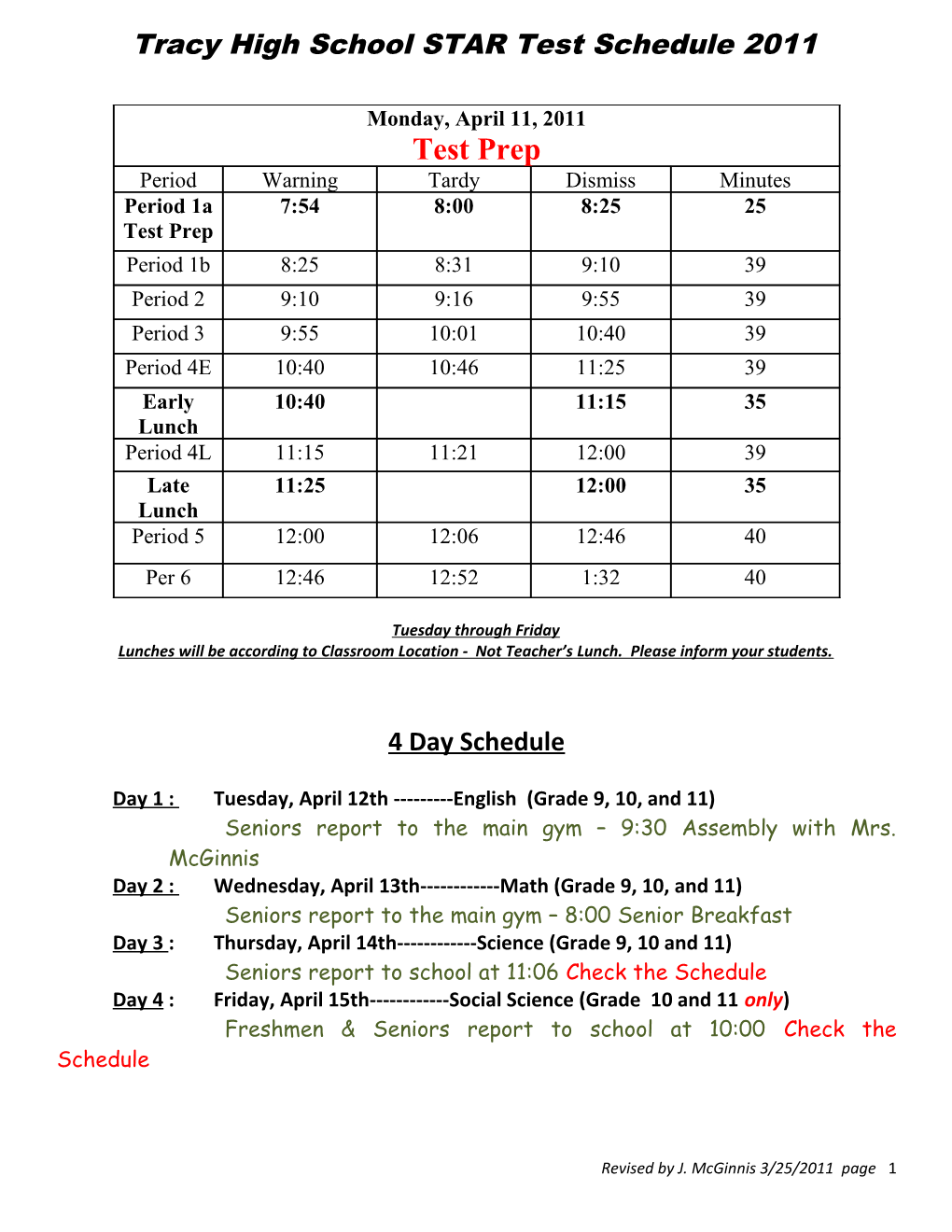 Tracy High School STAR Test Schedule 2011