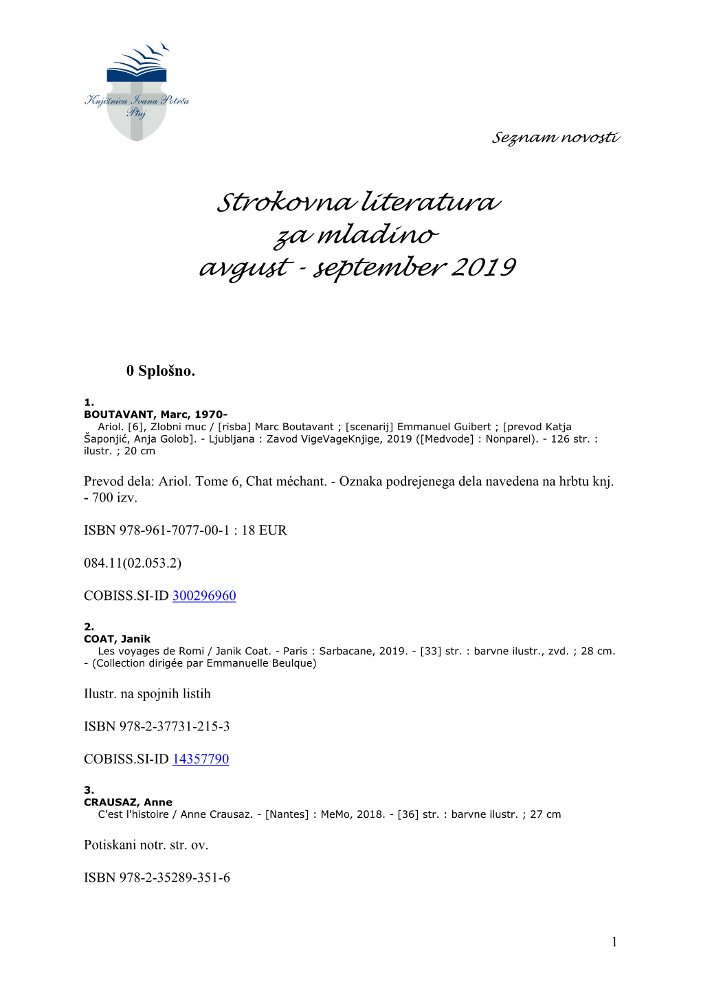 Strokovna Literatura Za Mladino Avgust - September 2019