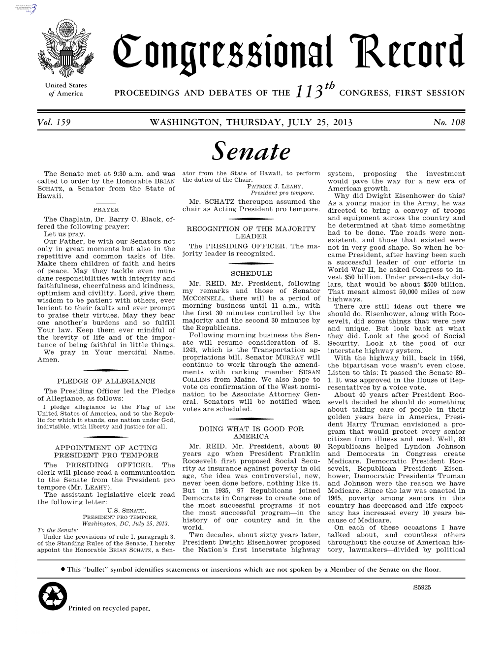 Congressional Record United States Th of America PROCEEDINGS and DEBATES of the 113 CONGRESS, FIRST SESSION