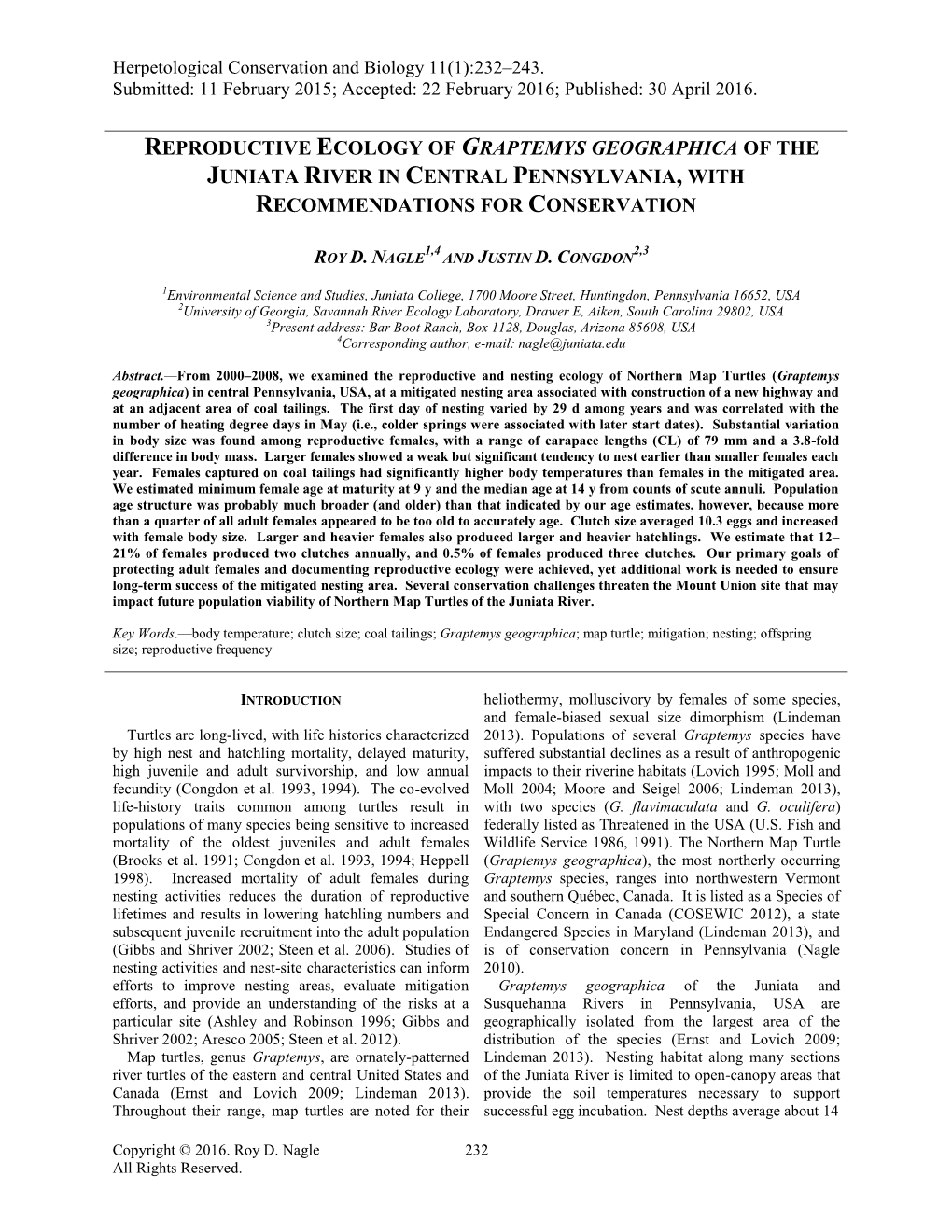 Reproductive Ecology of Graptemys Geographica of the Juniata River in Central Pennsylvania, with Recommendations for Conservation