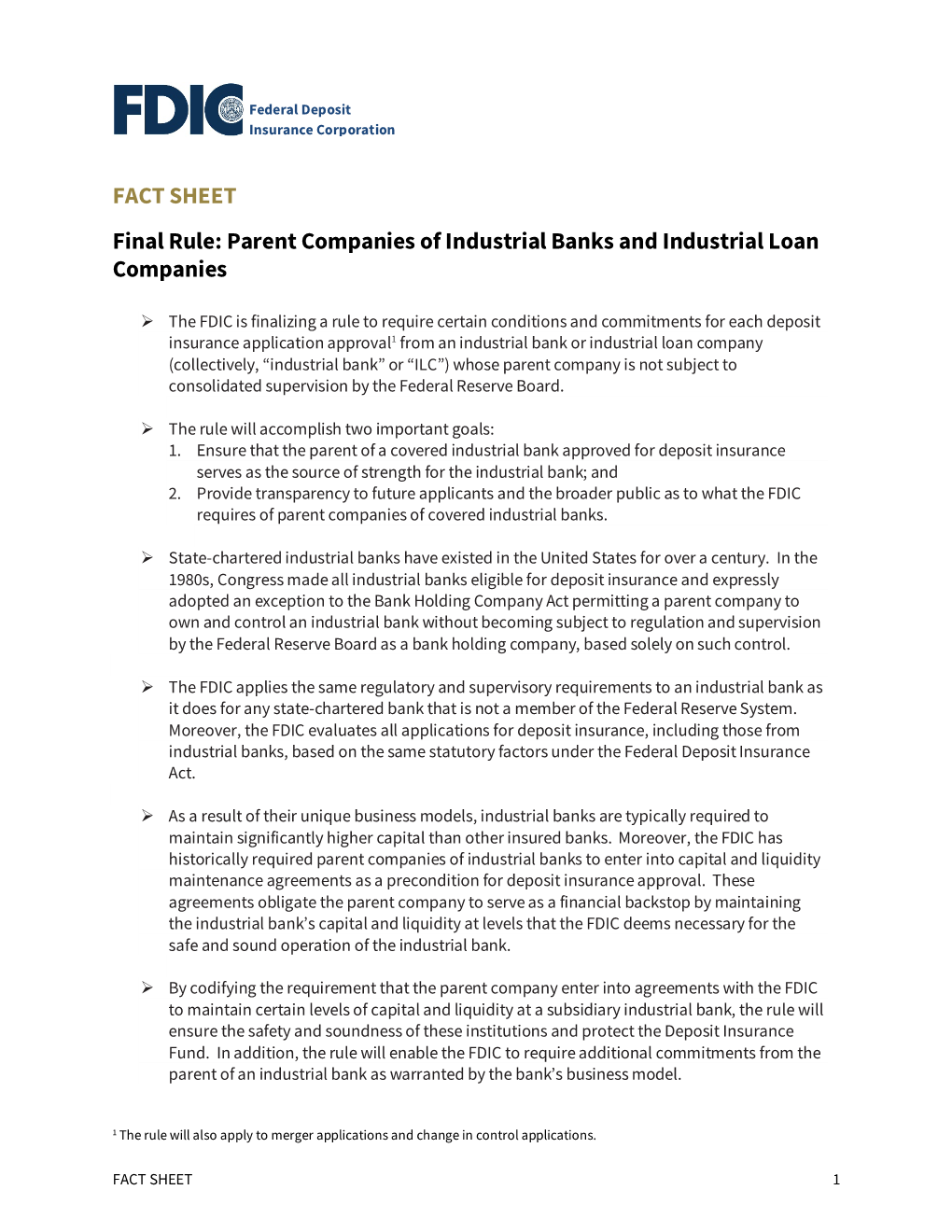 FACT SHEET Final Rule: Parent Companies of Industrial Banks and Industrial Loan Companies