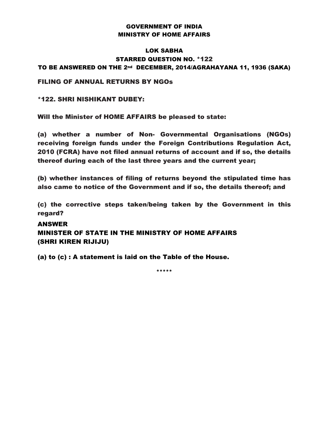 FILING of ANNUAL RETURNS by Ngos *122. SHRI NISHIKANT