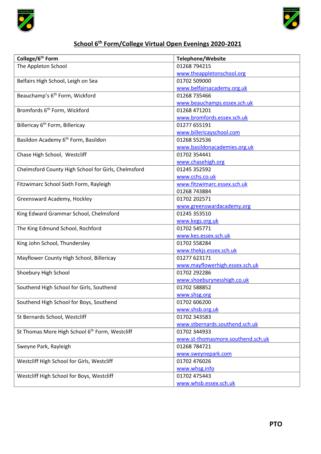 Colleges and Sixth Form Schedule