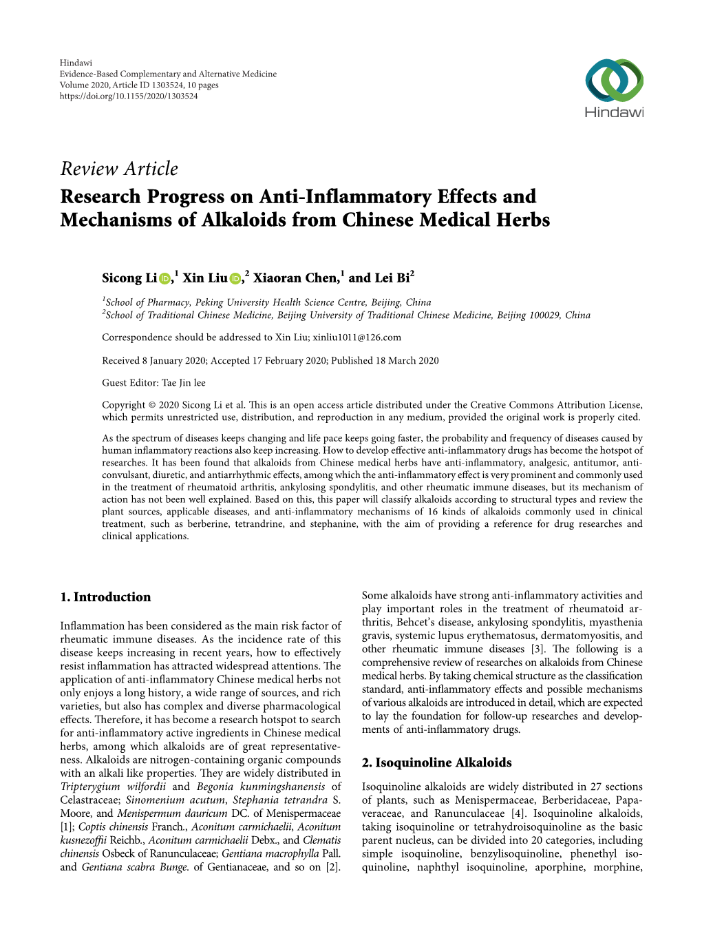 Research Progress on Anti-Inflammatory Effects and Mechanisms of Alkaloids from Chinese Medical Herbs