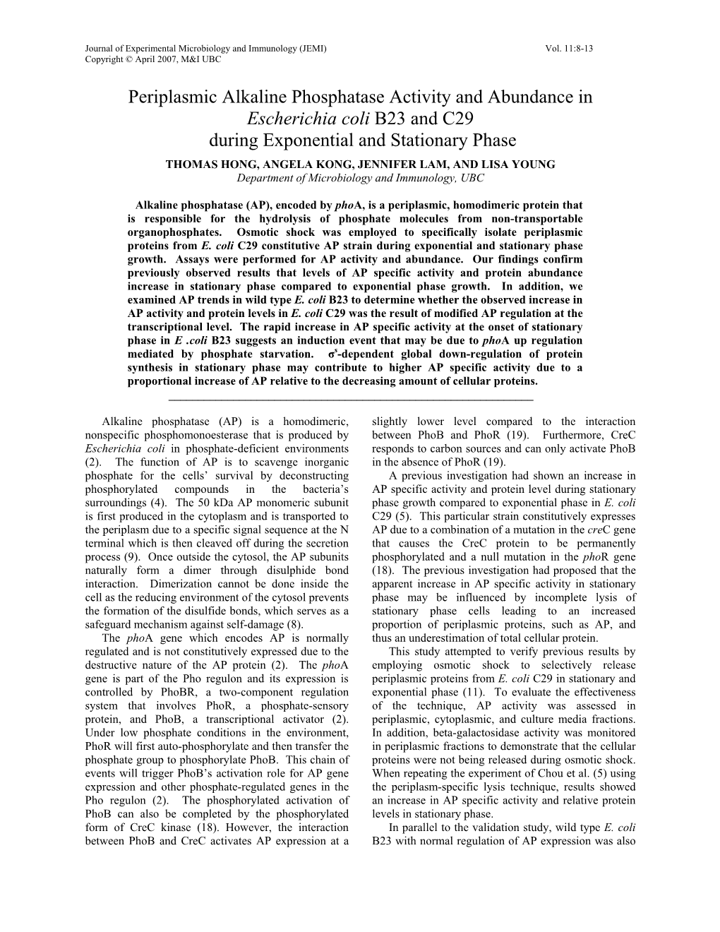 Periplasmic Alkaline Phosphatase Activity and Abundance In