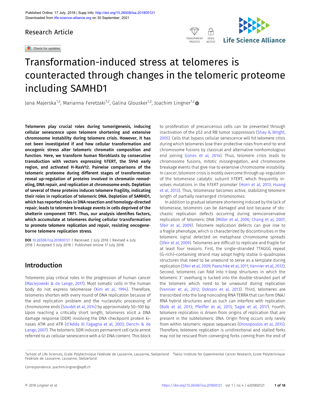 Transformation-Induced Stress at Telomeres Is Counteracted Through Changes in the Telomeric Proteome Including SAMHD1