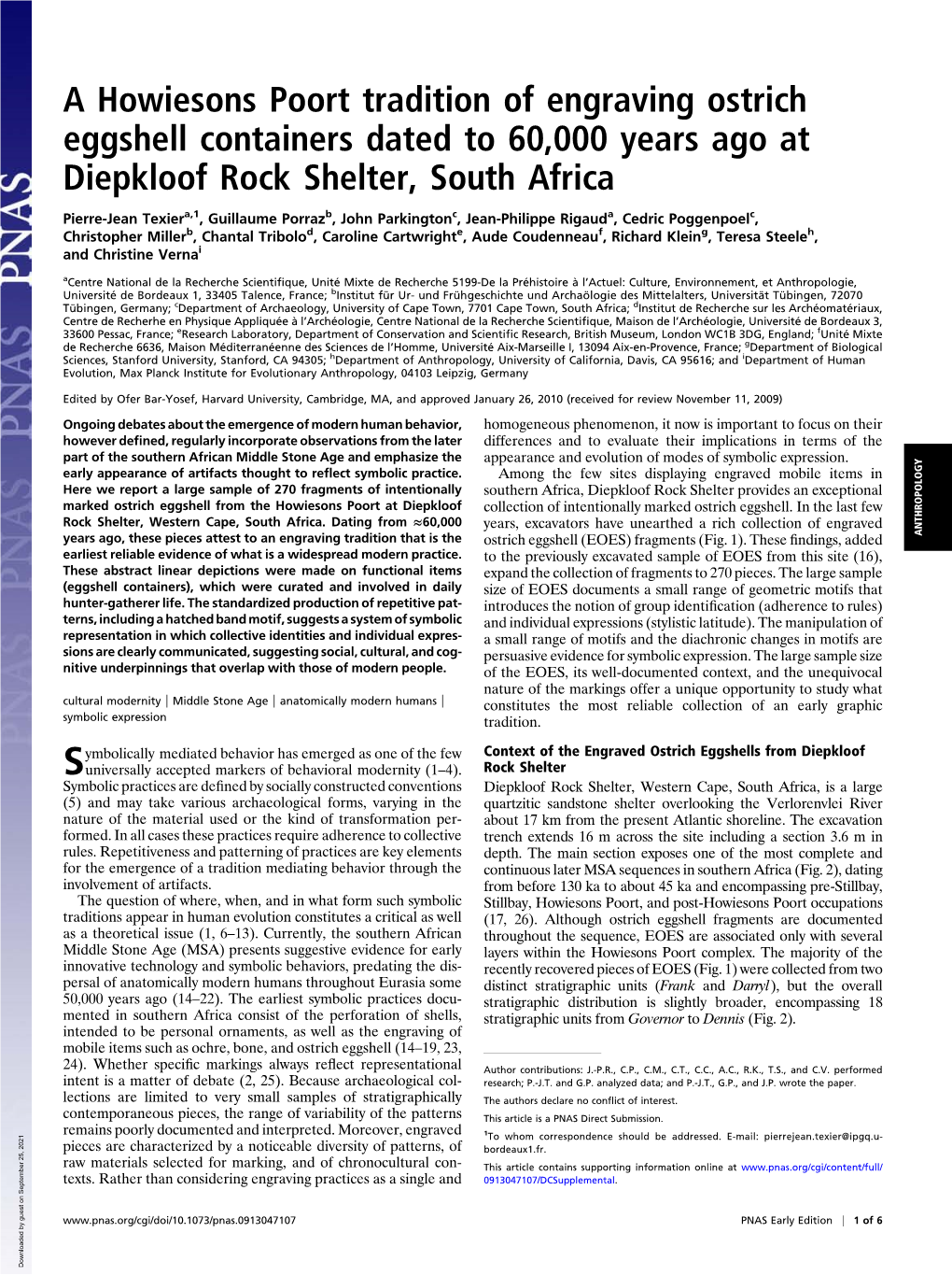 A Howiesons Poort Tradition of Engraving Ostrich Eggshell Containers Dated to 60,000 Years Ago at Diepkloof Rock Shelter, South Africa