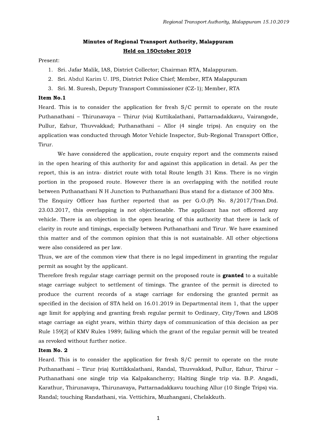 Minutes of Regional Transport Authority, Malappuram Held on 15October 2019 Present: 1