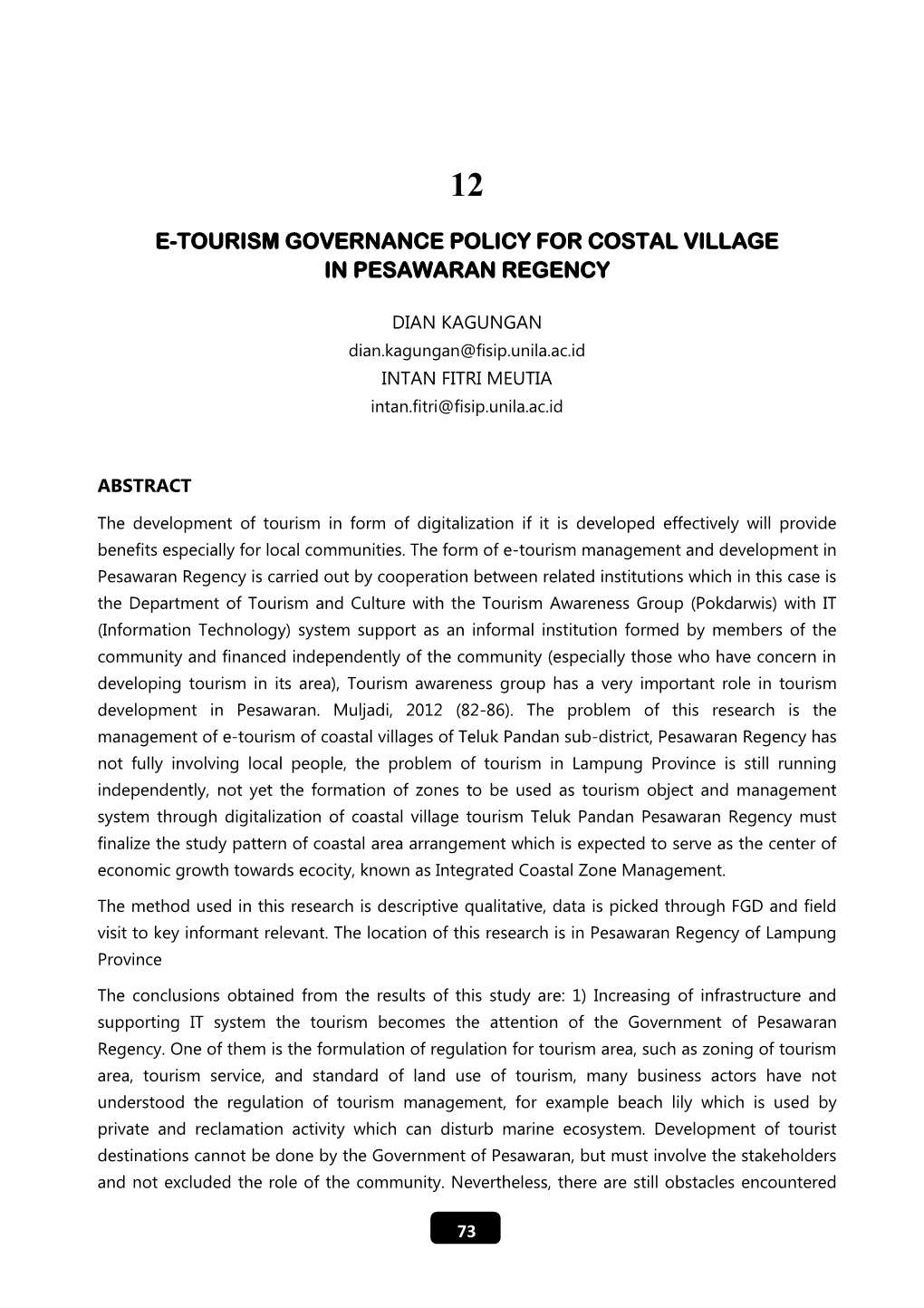 E-Tourism Governance Policy for Costal Village in Pesawaran Regency