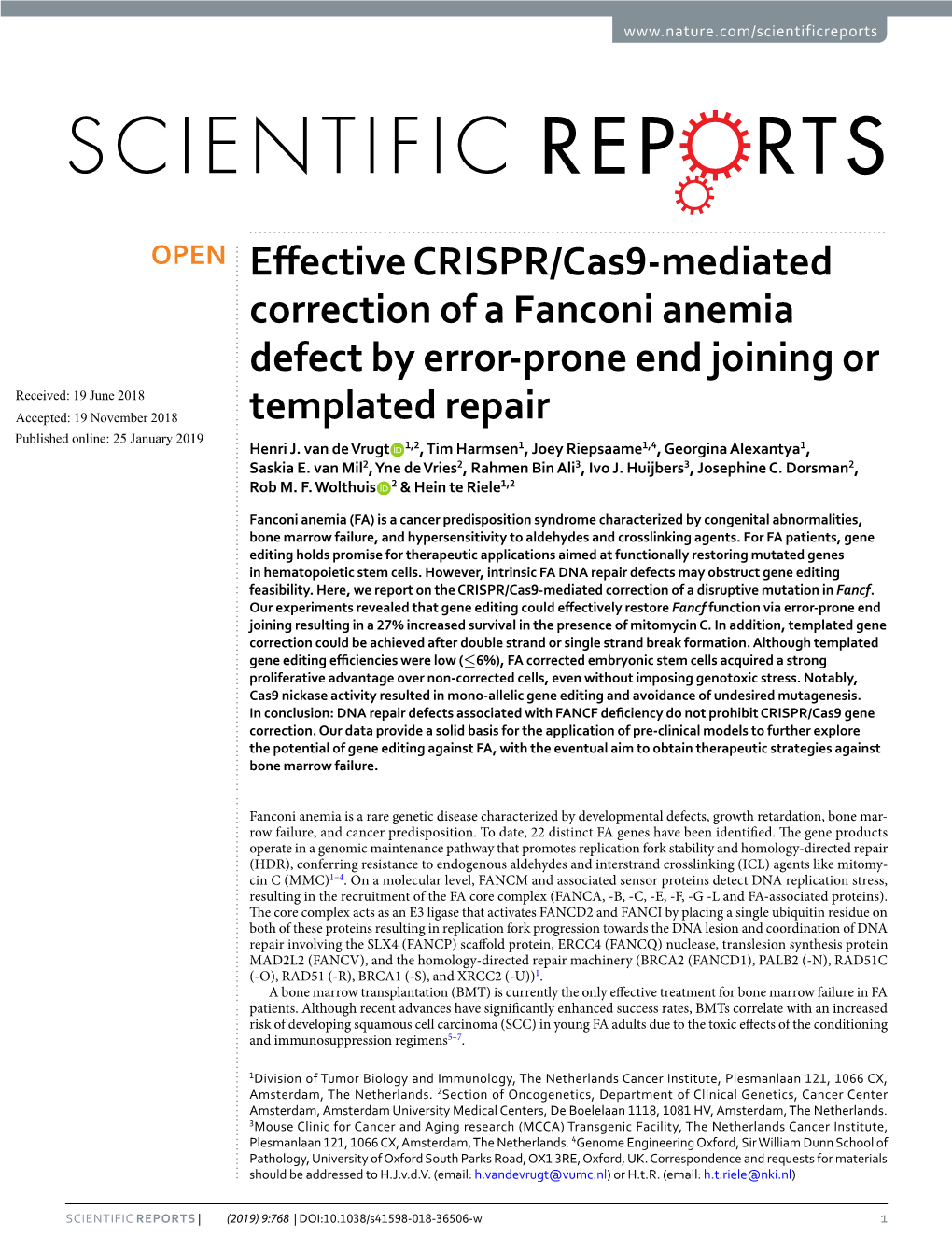 Effective CRISPR/Cas9-Mediated Correction of a Fanconi Anemia Defect by Error-Prone End Joining Or Templated Repair