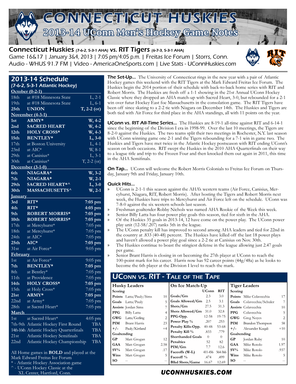 CONNECTICUT HUSKIES 2013-14 Uconn Men’S Hockey Game Notes