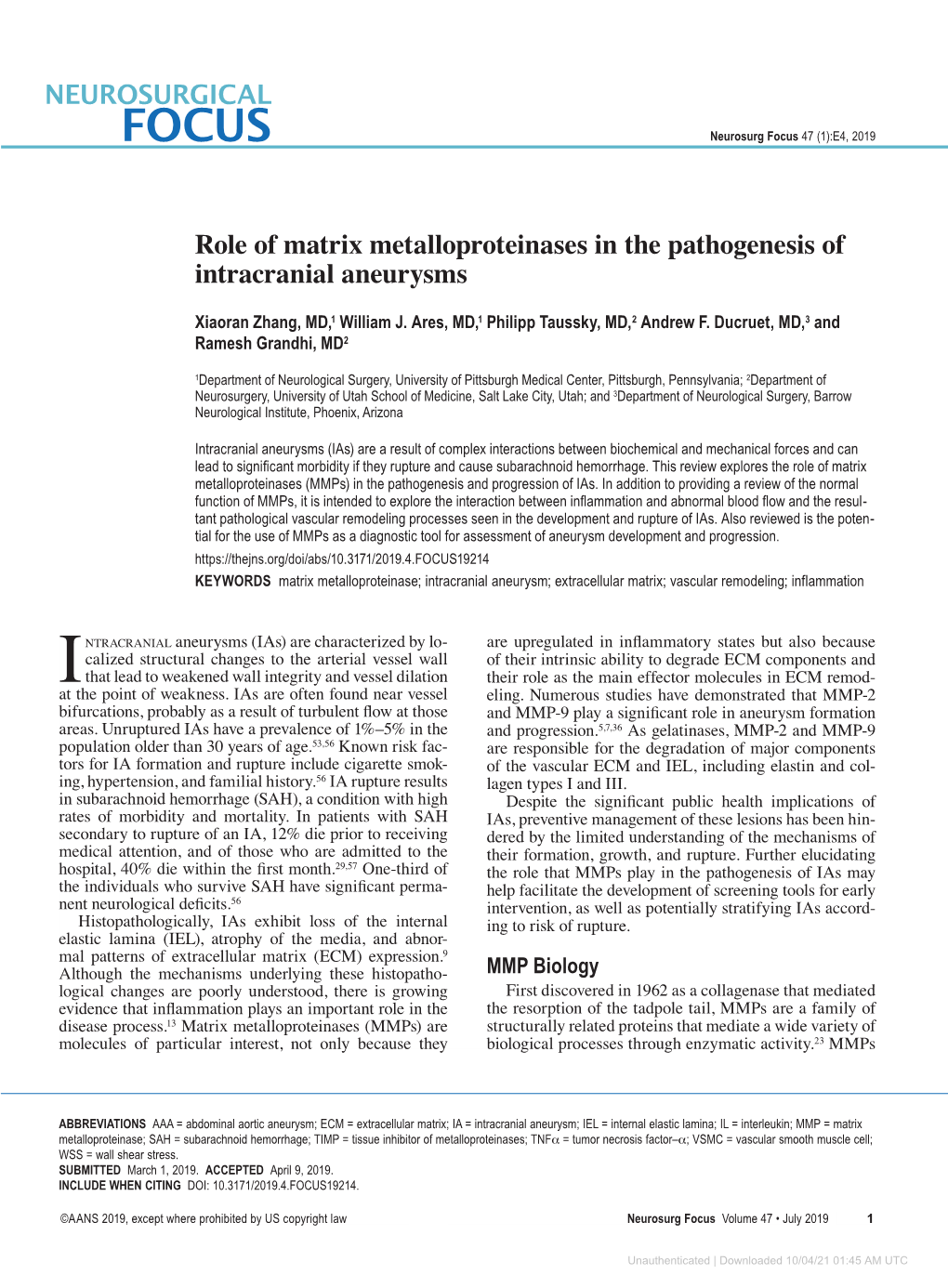 Role of Matrix Metalloproteinases in the Pathogenesis of Intracranial Aneurysms