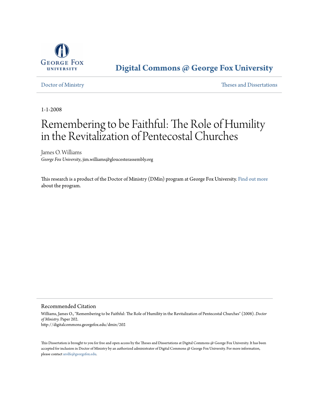 The Role of Humility in the Revitalization of Pentecostal Churches James O