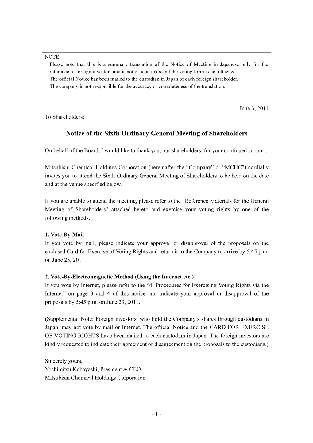 Notice of the 6Th Ordinary General Meeting of Shareholders (PDF: 388Kb)
