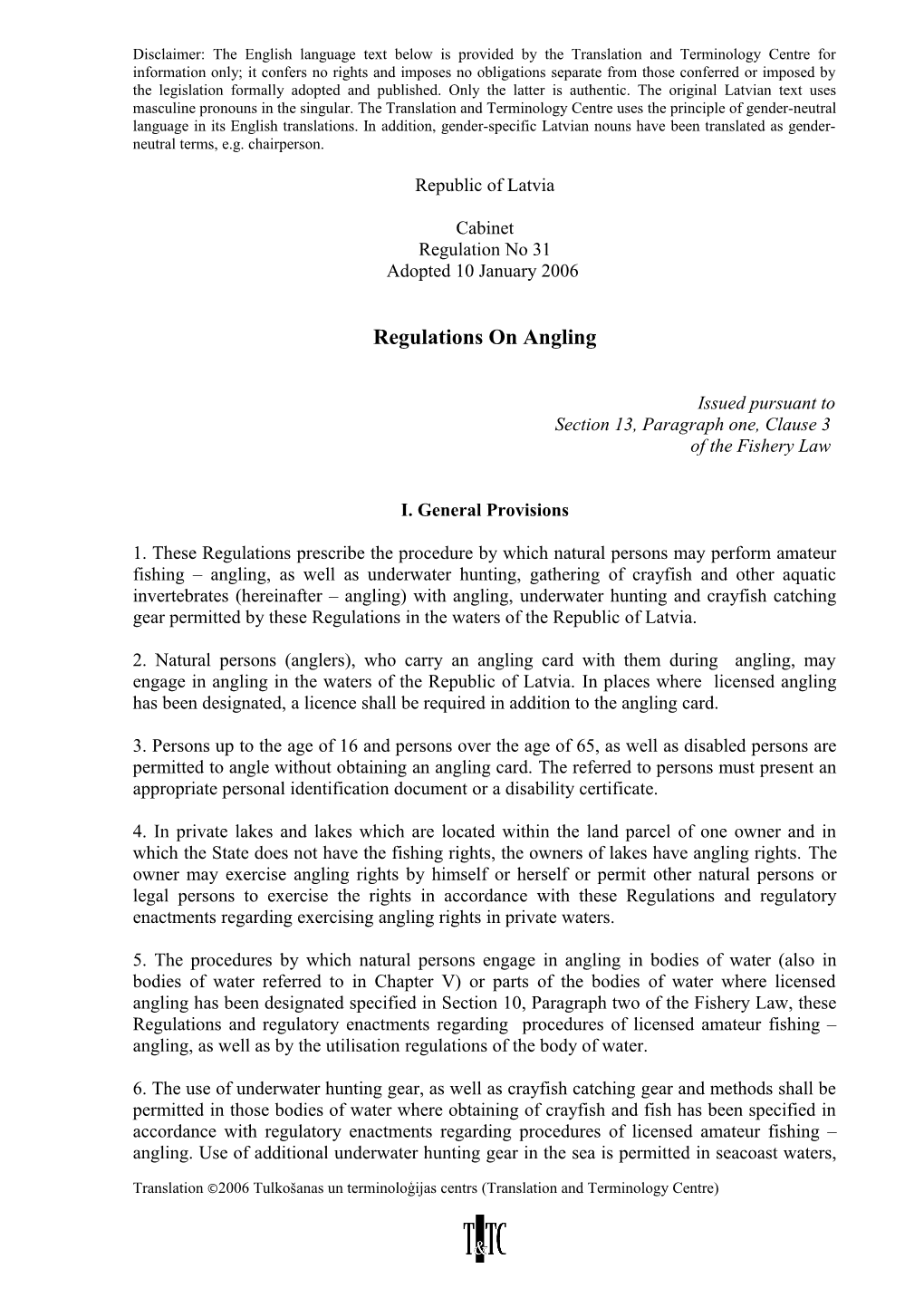 Regulations on Angling