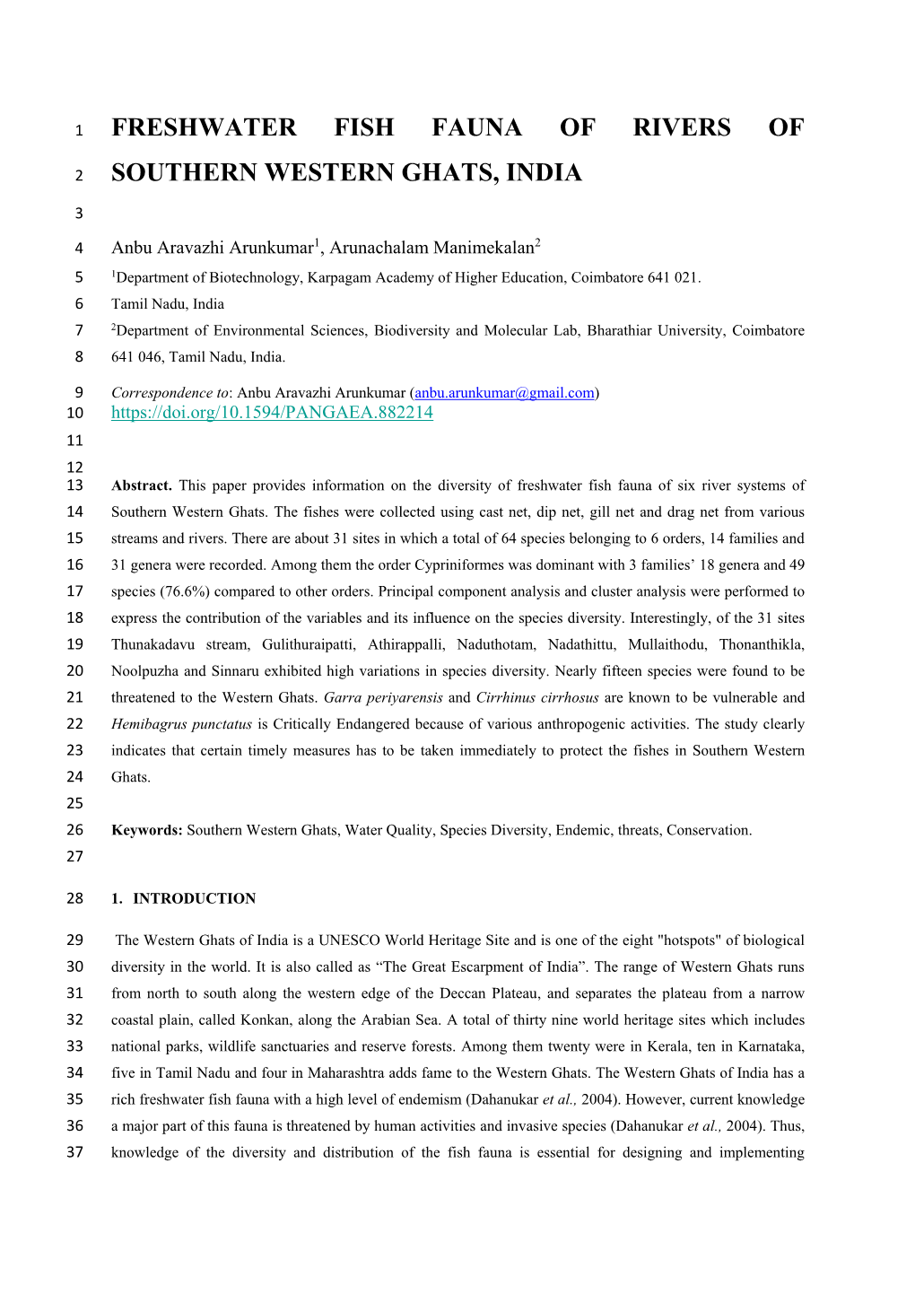 Freshwater Fish Fauna of Rivers of Southern