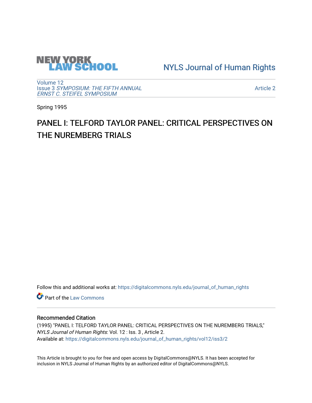 Telford Taylor Panel: Critical Perspectives on the Nuremberg Trials