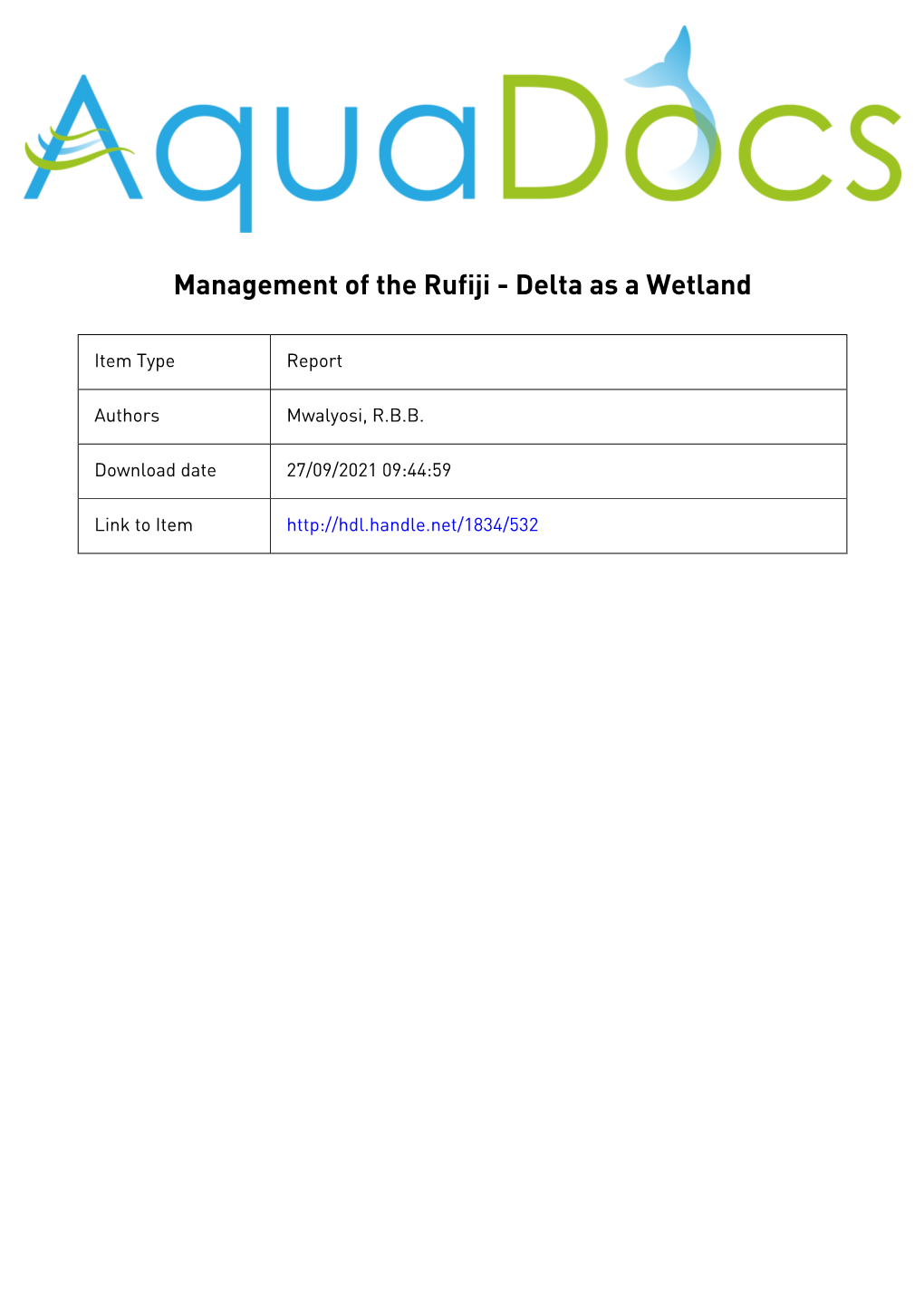 Management of the Rufiji - Delta As a Wetland