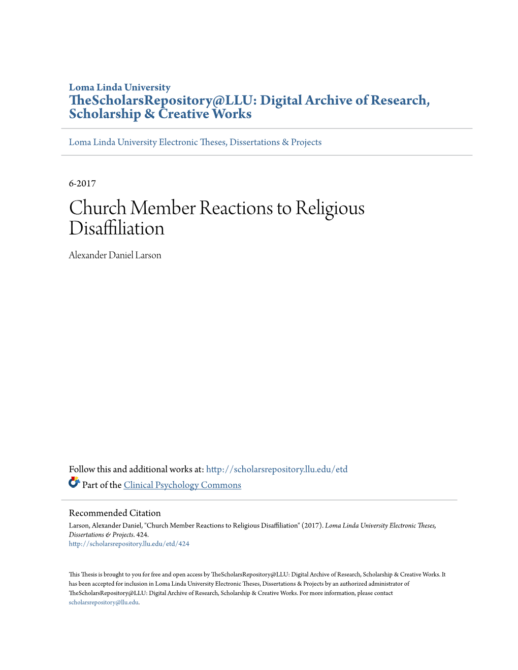 Church Member Reactions to Religious Disaffiliation Alexander Daniel Larson