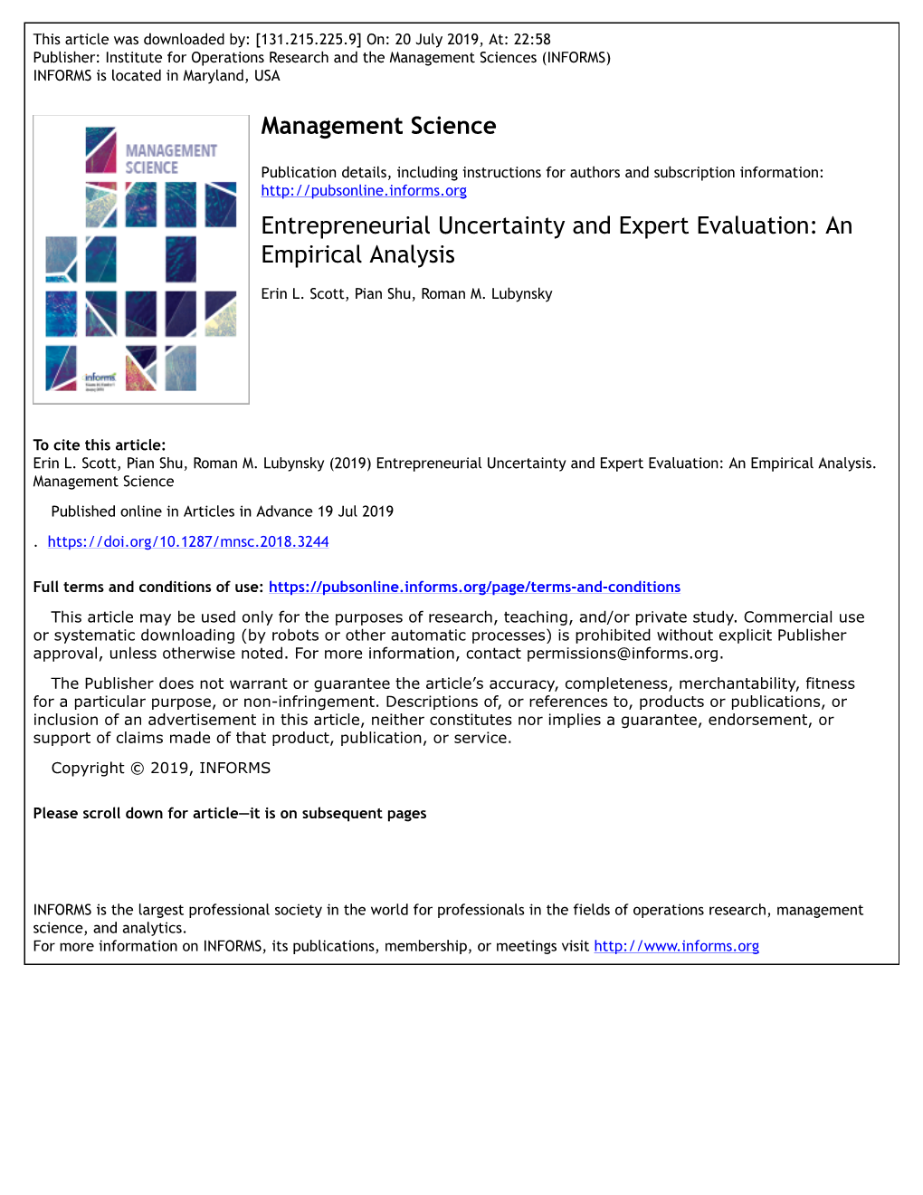 Entrepreneurial Uncertainty and Expert Evaluation: an Empirical Analysis