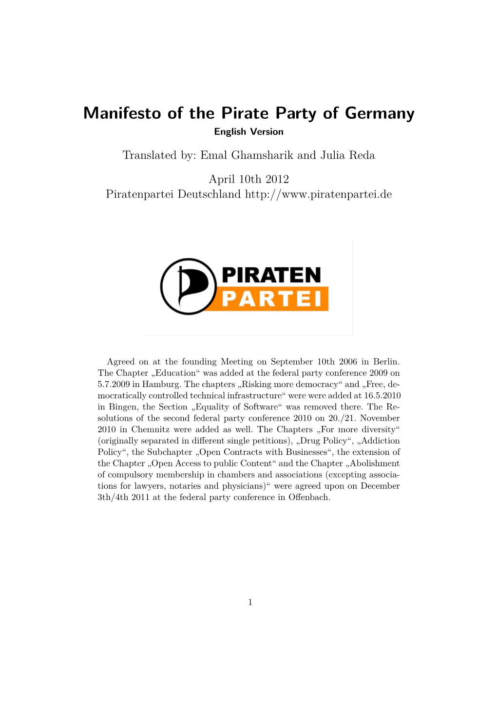 Manifesto of the Pirate Party of Germany English Version