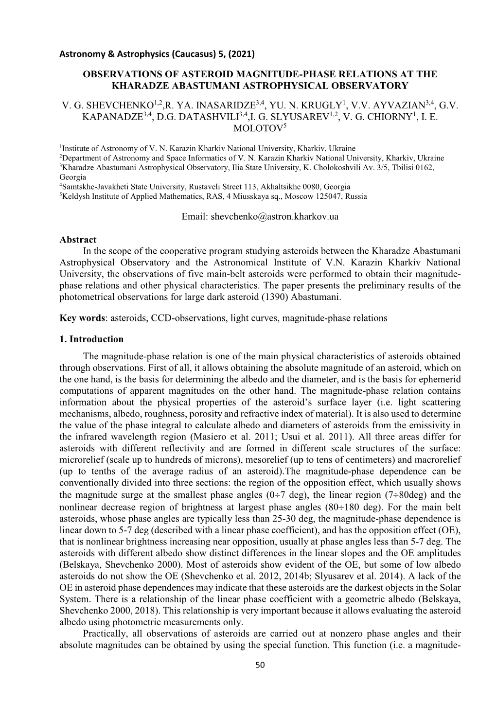 Observations of Asteroid Magnitude-Phase Relations at the Kharadze Abastumani Astrophysical Observatory V