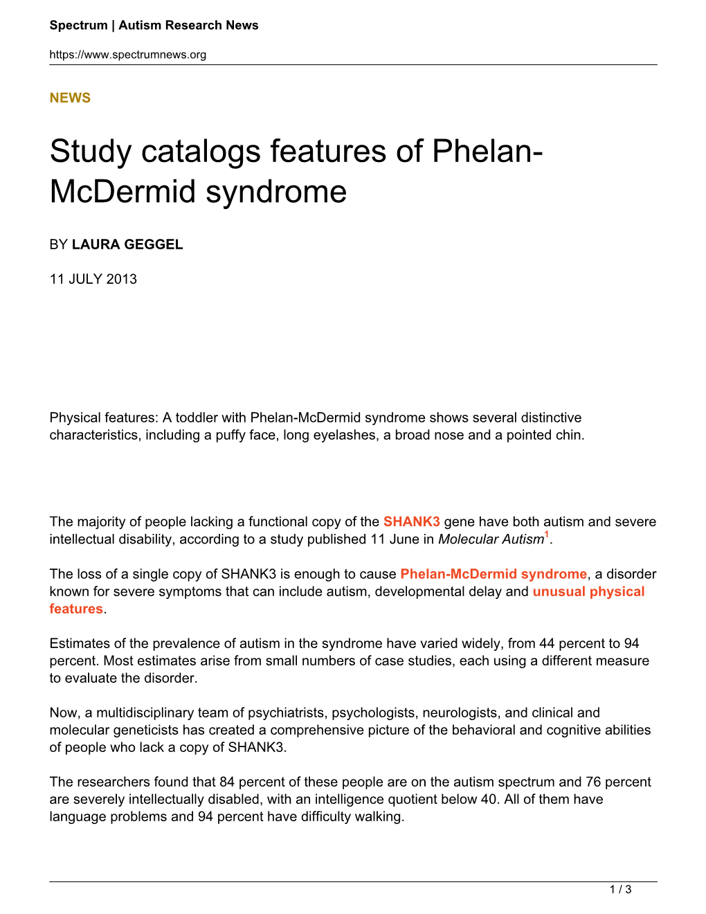 Study Catalogs Features of Phelan-Mcdermid Syndrome