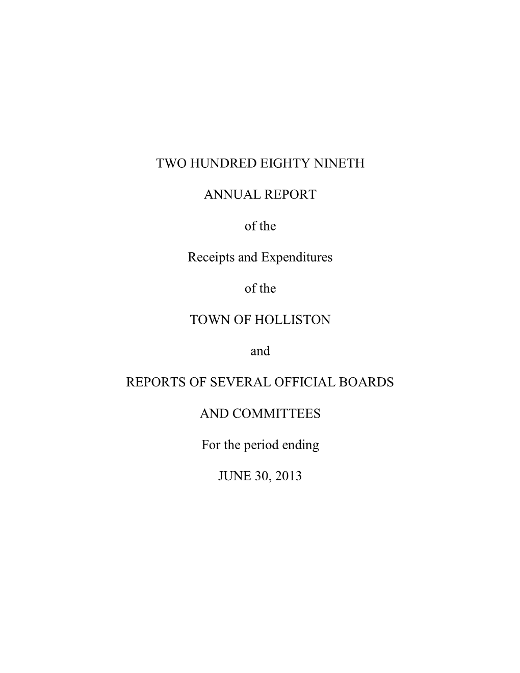 TWO HUNDRED EIGHTY NINETH ANNUAL REPORT of the Receipts