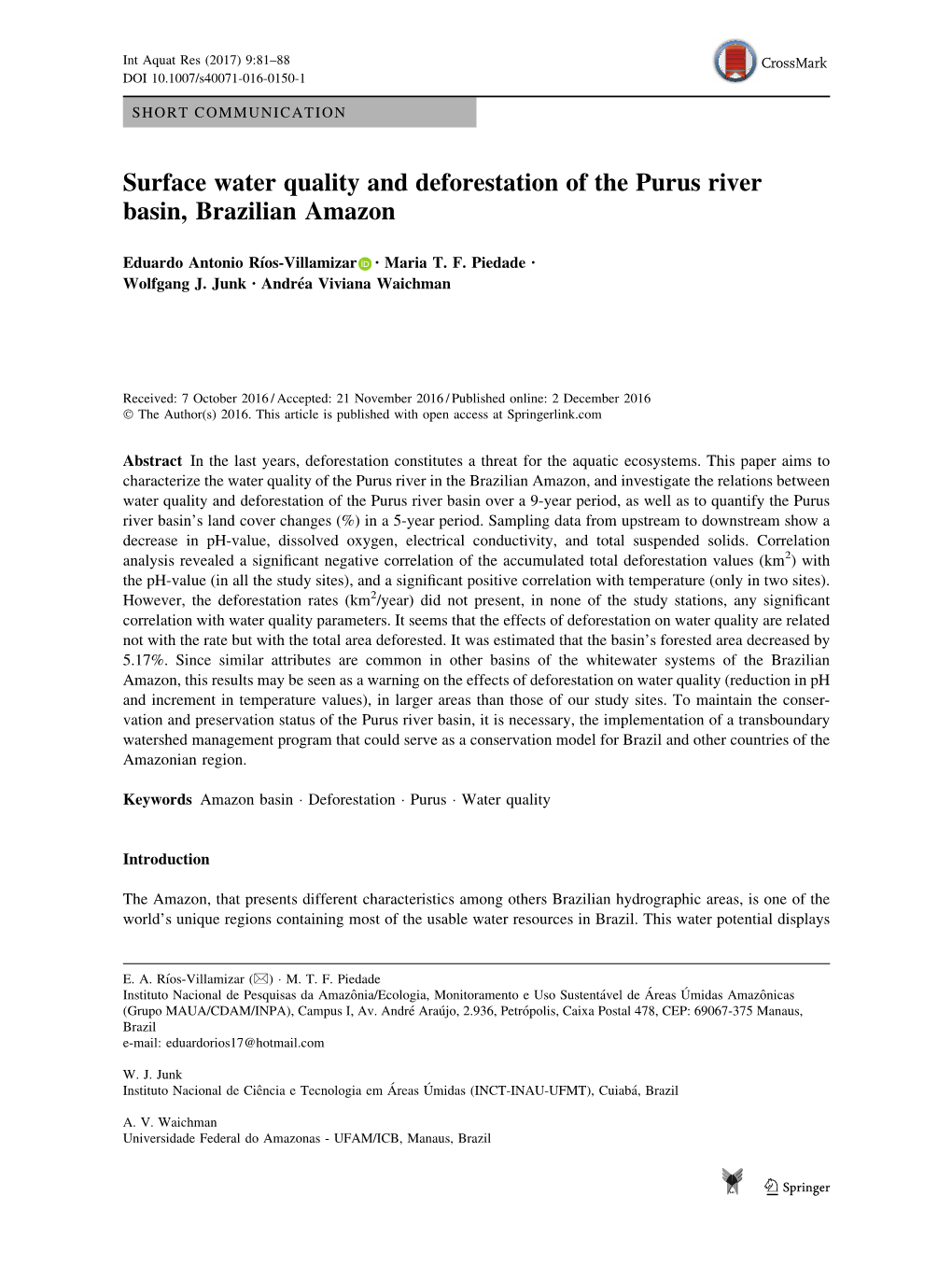 Surface Water Quality and Deforestation of the Purus River Basin, Brazilian Amazon