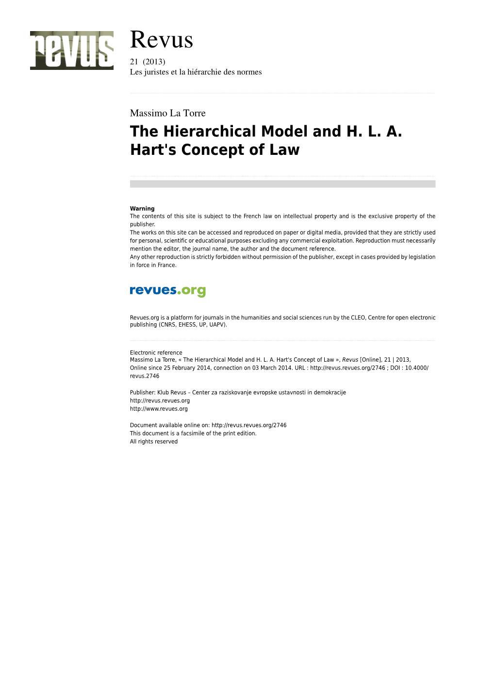 The Hierarchical Model and H. L. A. Hart's Concept of Law
