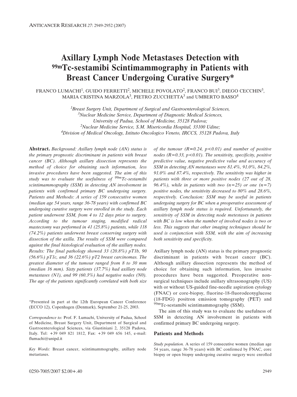 Axillary Lymph Node Metastases Detection with 99Mtc-Sestamibi Scintimammography in Patients with Breast Cancer Undergoing Curative Surgery*