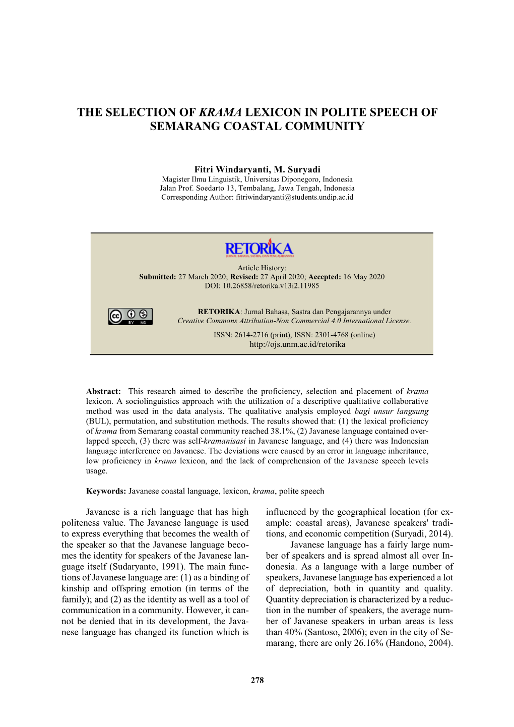 The Selection of Krama Lexicon in Polite Speech of Semarang Coastal Community