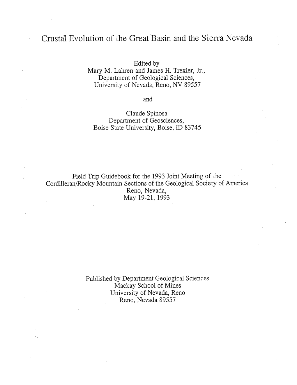 Crustal Evolution of the Greatbasin and the Sierra Nevada