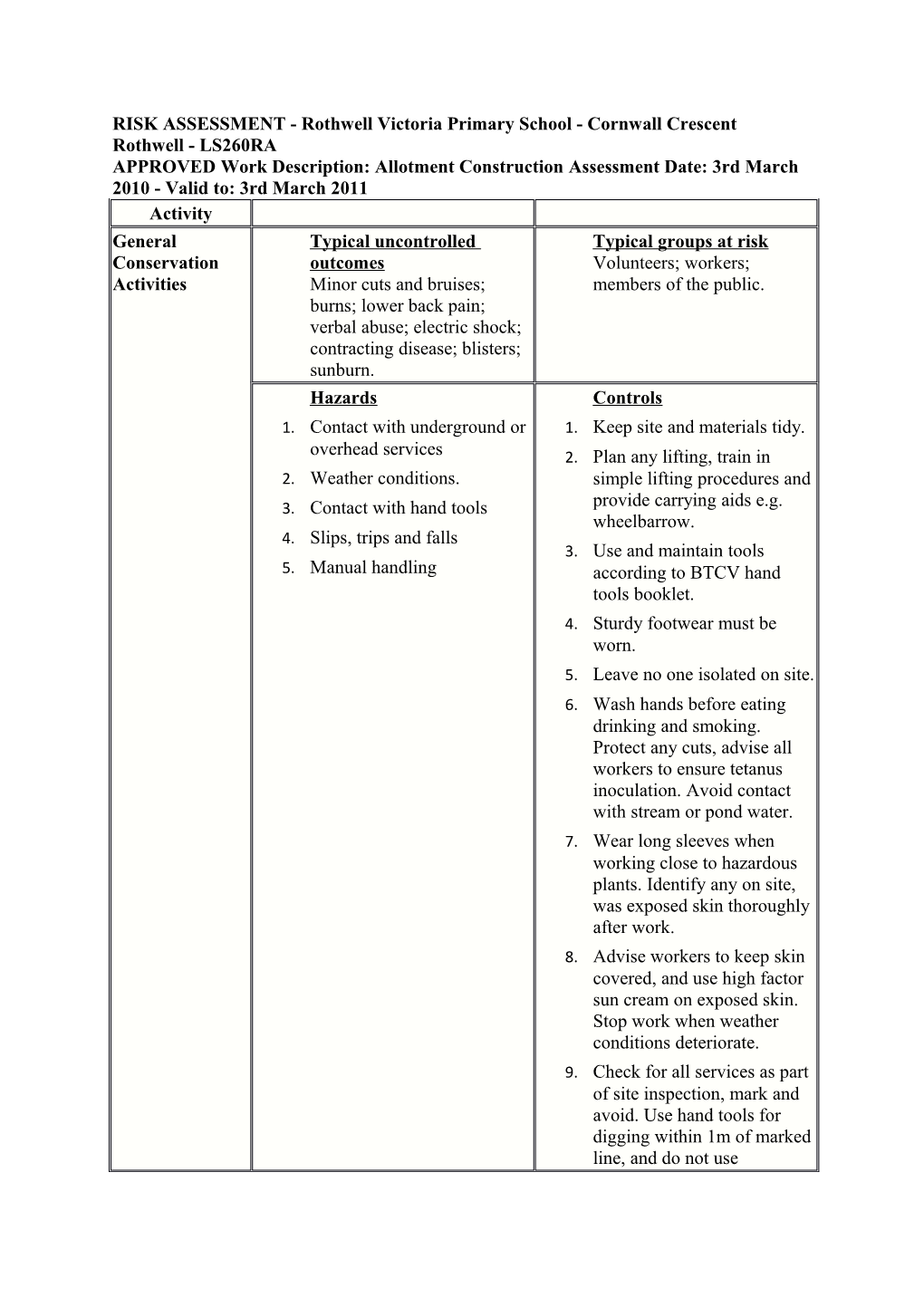 RISK ASSESSMENT - Rothwell Victoria Primary School - Cornwall Crescent Rothwell - LS260RA