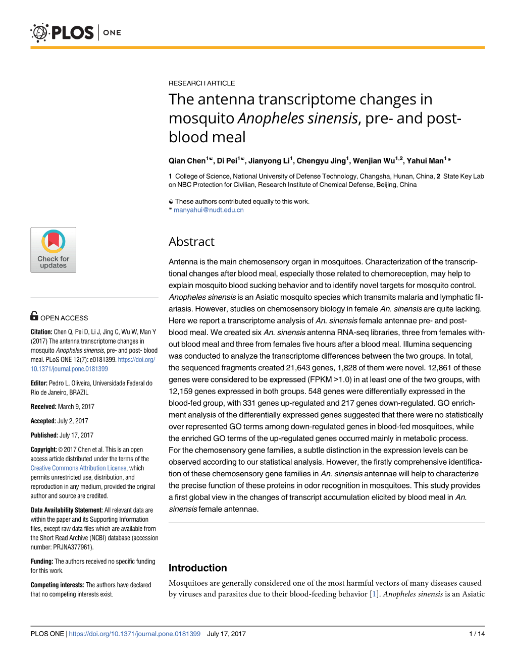 The Antenna Transcriptome Changes in Mosquito Anopheles Sinensis, Pre- and Post- Blood Meal
